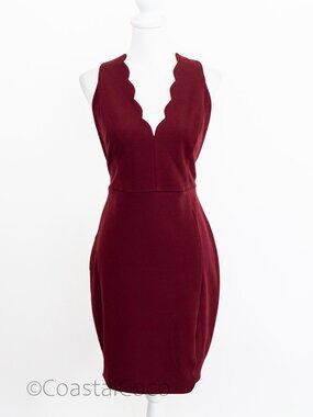 Lulus Feeling Coy Scalloped Bodycon Mini Dress XL Burgundy V-neck Cocktail Party